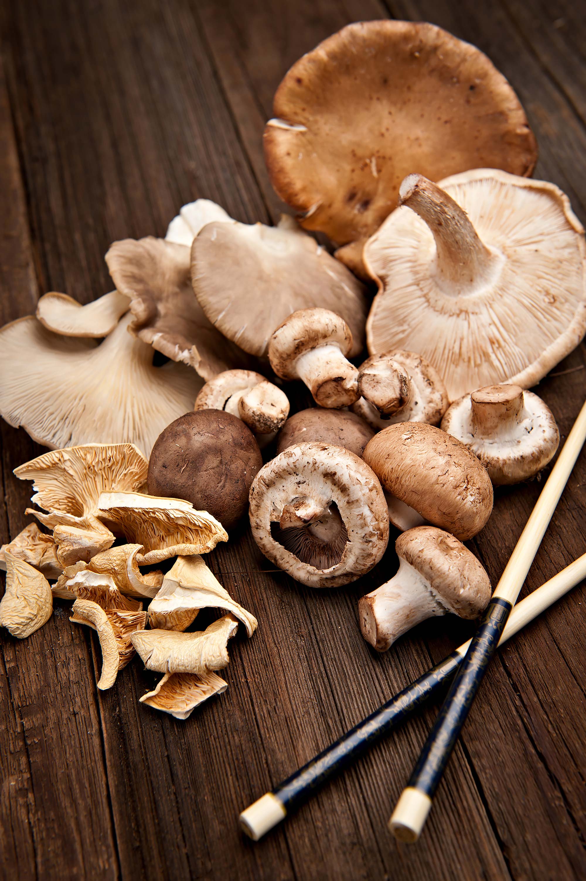 variety of mushrooms with chopsticks